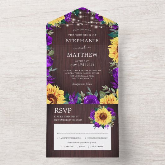 Rustikale Sonnenblume Lila Rose Hochzeit All In One Einladung (Innen Boden)