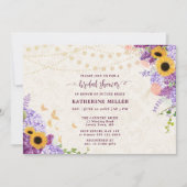 Rustikale Sonnenblume Lilac Beige Linen Brautparty Einladung (Vorderseite)