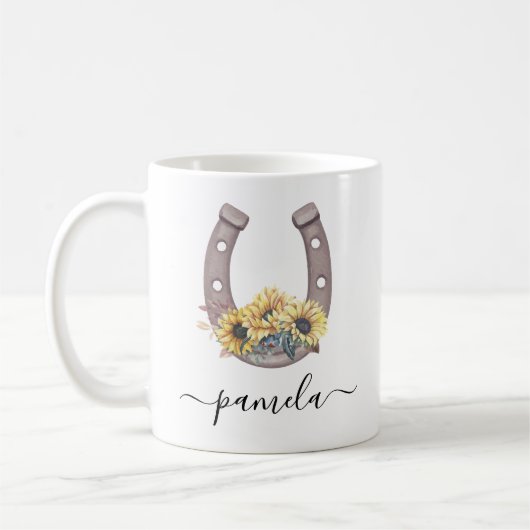 Rustikale Sonnenblume Lucky Horseshoe Individuelle Kaffeetasse (Links)