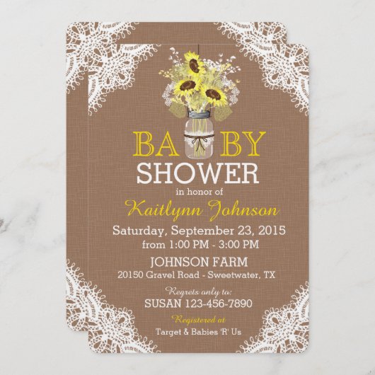 Rustikale Sonnenblume Mason Jar Lace Baby Dusche e Einladung (Vorne/Hinten)