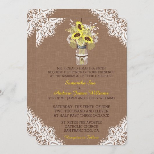 Rustikale Sonnenblume Mason Jar Lace Einladung Hoc (Vorne/Hinten)