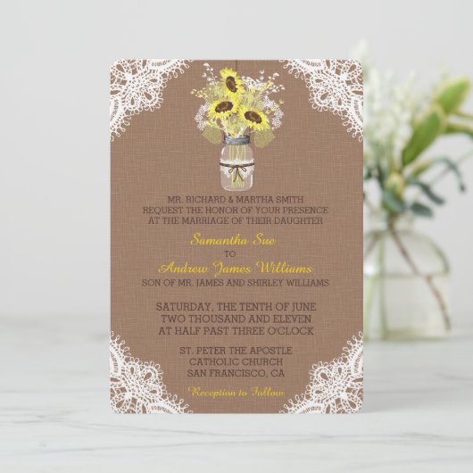 Rustikale Sonnenblume Mason Jar Lace Einladung Hoc (Stehend Vorderseite)