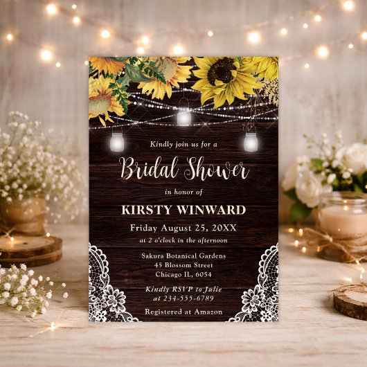 Rustikale Sonnenblume & Mason Jar Lights Brautpart Einladung