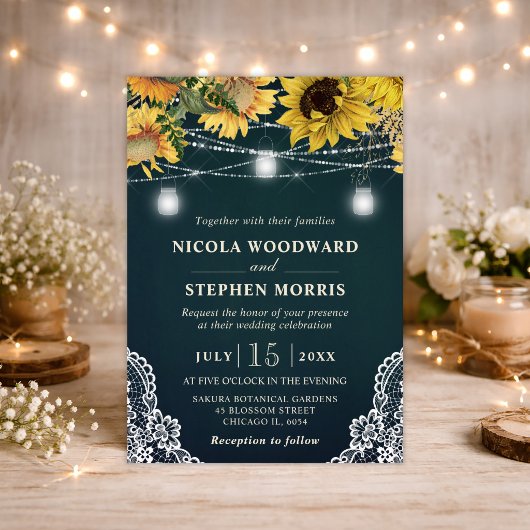 Rustikale Sonnenblume & Mason Jar Lights Hochzeit Einladung