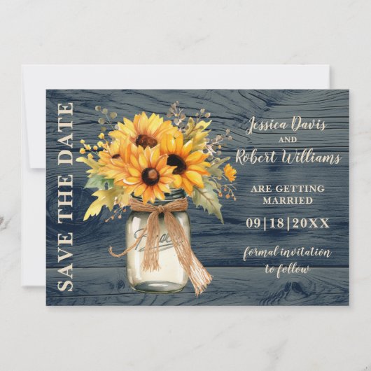 Rustikale Sonnenblume Mason Jar Save the Date Kart (Vorderseite)