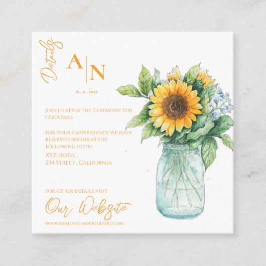 Rustikale Sonnenblume Mason Jar Wedding Details Begleitkarte (Vorderseite)