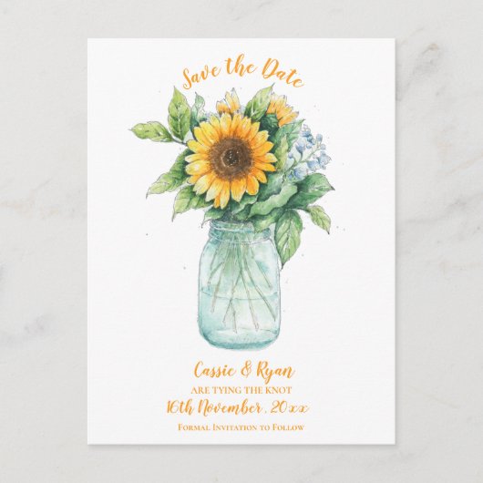 Rustikale Sonnenblume Mason Jar Wedding Save the D Postkarte (Vorderseite)