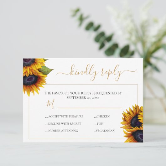 Rustikale Sonnenblume Moderne schicke Hochzeit RSVP Karte (Stehend Vorderseite)