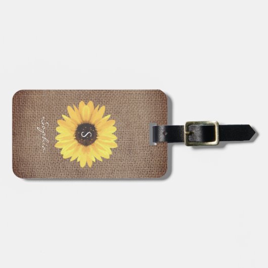 Rustikale Sonnenblume Monogram Burlap-Gepäckmarke Gepäckanhänger (Vorderseite horizontal)