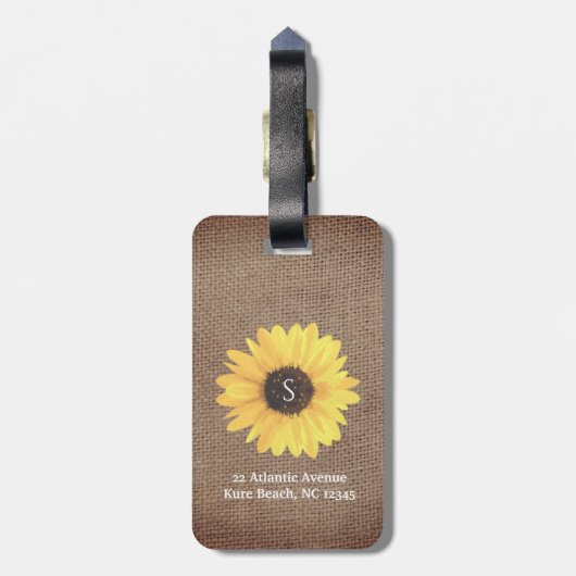 Rustikale Sonnenblume Monogram Burlap-Gepäckmarke Gepäckanhänger (Rückseite vertikal)