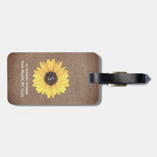 Rustikale Sonnenblume Monogram Burlap-Gepäckmarke Gepäckanhänger (Rückseite horizontal)