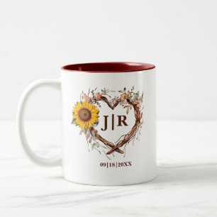 Rustikale Sonnenblume Monogram-Hochzeitszweig Zweifarbige Tasse