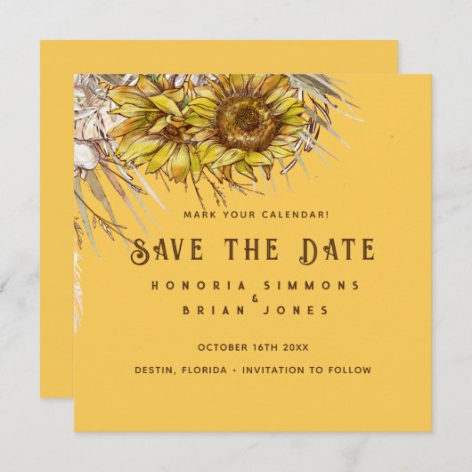 Rustikale Sonnenblume Mustard Square Save the Date (Vorne/Hinten)