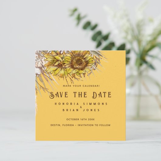 Rustikale Sonnenblume Mustard Square Save the Date (Stehend Vorderseite)