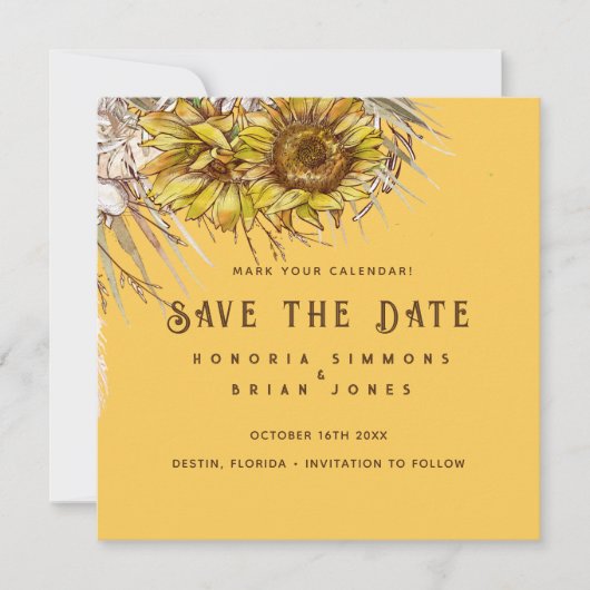 Rustikale Sonnenblume Mustard Square Save the Date (Vorderseite)