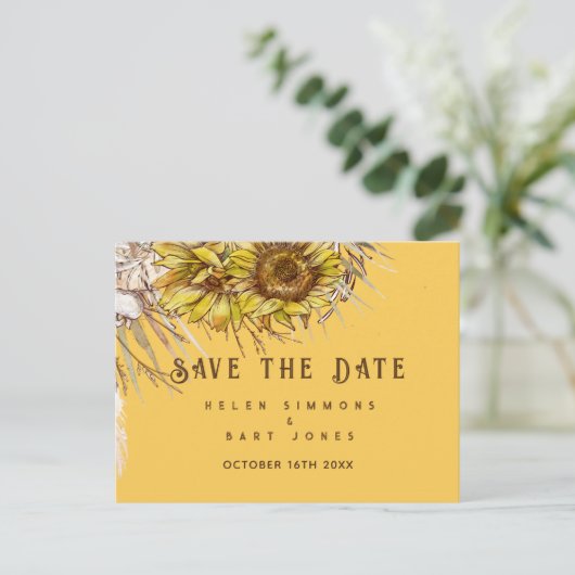 Rustikale Sonnenblume Mustard Square Save the Date Postkarte (Stehend Vorderseite)