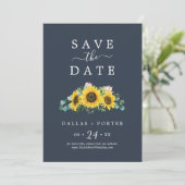 Rustikale Sonnenblume | Navy Save the Date Card (Stehend Vorderseite)