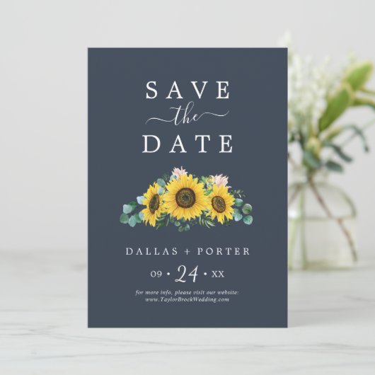 Rustikale Sonnenblume | Navy Save the Date Card (Stehend Vorderseite)