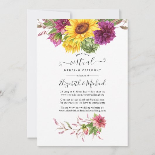 Rustikale Sonnenblume Online Virtual Wedding Einladung (Vorderseite)