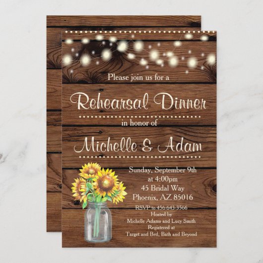 Rustikale Sonnenblume Probe Abendessen Einladung (Vorne/Hinten)