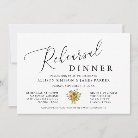 Rustikale Sonnenblume Probe Abendessen Einladung (Vorderseite)