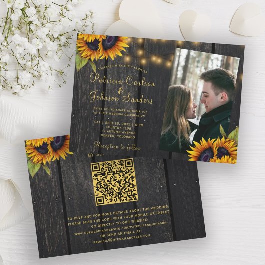 Rustikale Sonnenblume QR Code Foto Hochzeit Einladung