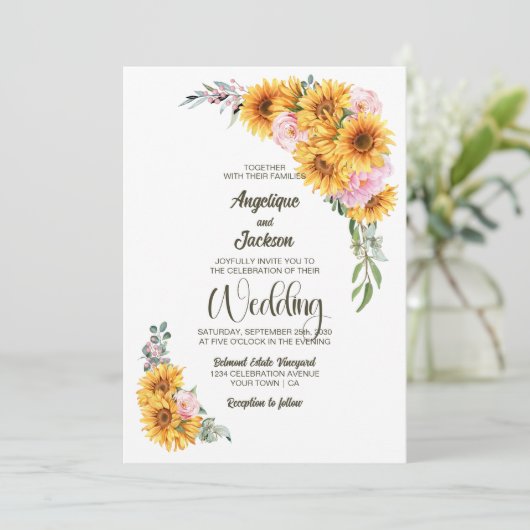 Rustikale Sonnenblume Rosa Hochzeit Einladung (Stehend Vorderseite)