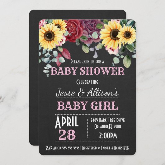 Rustikale Sonnenblume/Rose Blumendusche Einladung (Vorne/Hinten)