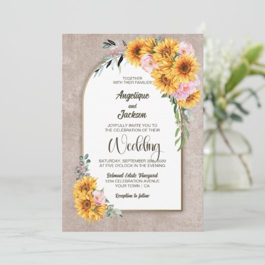 Rustikale Sonnenblume Rosenstraße Hochzeit Einladung (Stehend Vorderseite)