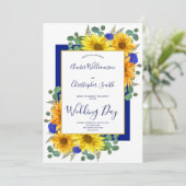 Rustikale Sonnenblume Royal Blue Rose Country Wedd Einladung (Stehend Vorderseite)