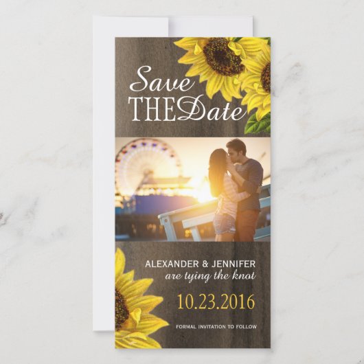 Rustikale Sonnenblume Save the Date Foto Cards (Vorderseite)