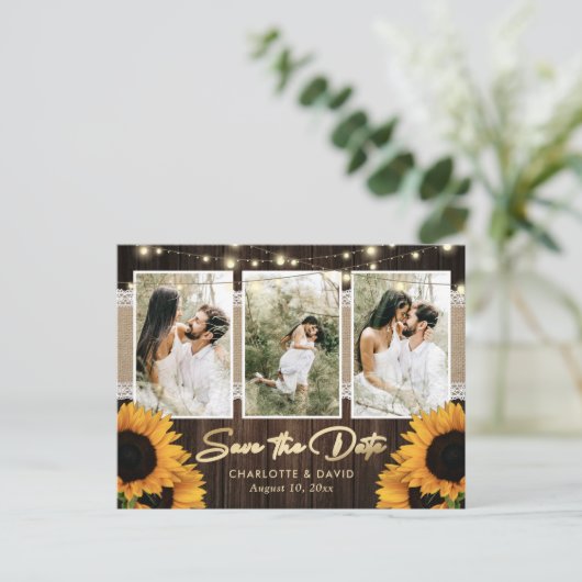 Rustikale Sonnenblume Save the Date Foto Postkarte (Stehend Vorderseite)