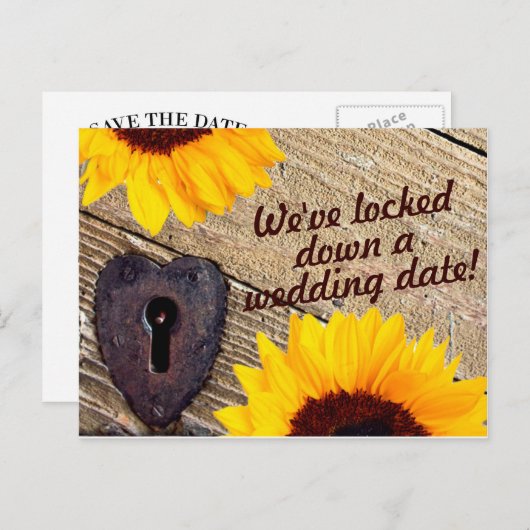 Rustikale Sonnenblume Save the Date Hochzeitkarte Ankündigungspostkarte (Vorne/Hinten)