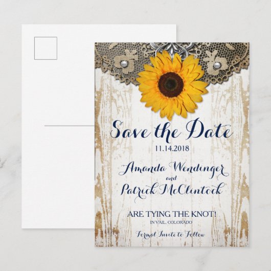Rustikale Sonnenblume Save the Date Postkarte (Vorne/Hinten)