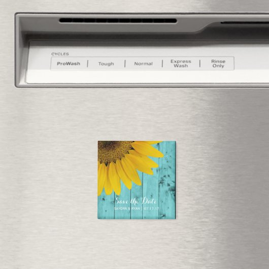 Rustikale Sonnenblume Save the Date Türkisholz Magnet (In Situ (Geschirrspüler))