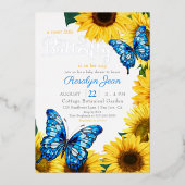 Rustikale Sonnenblume Schmetterling Kobalt Blau Ge Folieneinladung (Vorderseite)