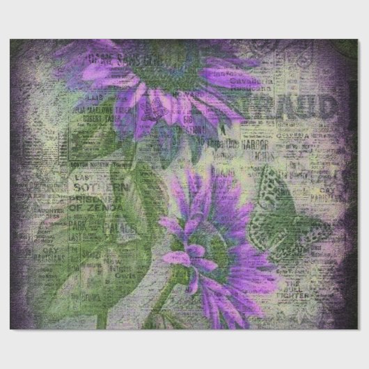Rustikale Sonnenblume Schmetterling Plum Ephememer Geschenkpapier (Flach)