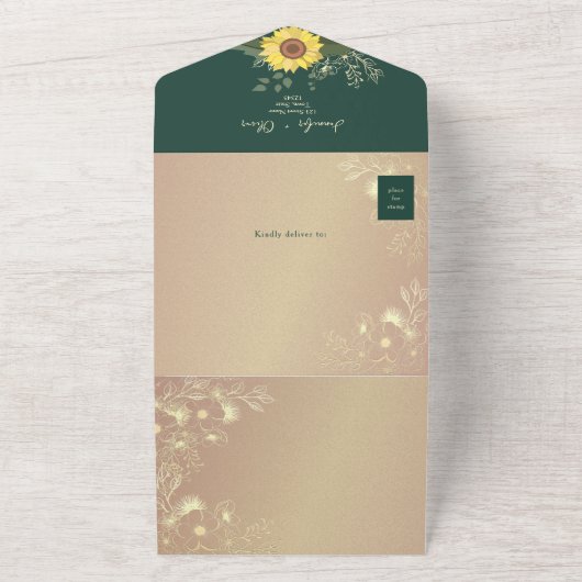 Rustikale Sonnenblume Smaragdgrüne Hochzeit All In One Einladung (Außenbereich)