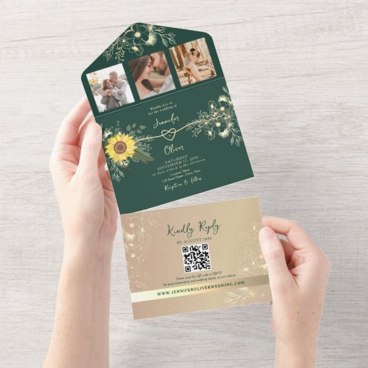 Rustikale Sonnenblume Smaragdgrüne Hochzeit All In One Einladung (Abreißen)