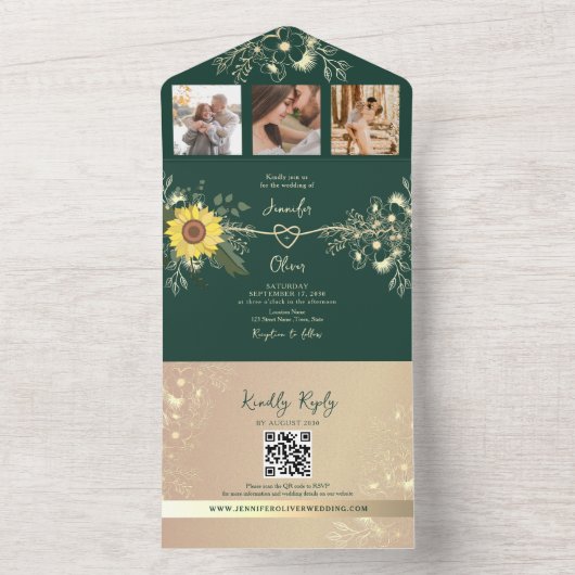 Rustikale Sonnenblume Smaragdgrüne Hochzeit All In One Einladung (Innen Boden)