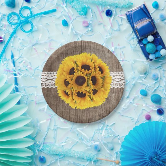 Rustikale Sonnenblume Spitzen & Barnholz Elegante Pappteller (Party)