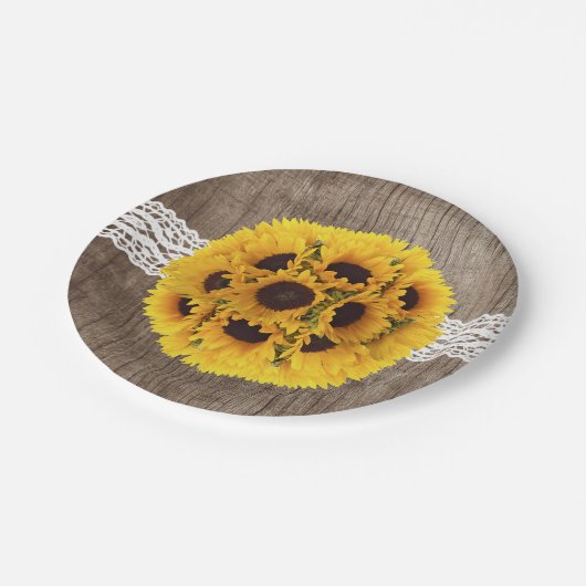 Rustikale Sonnenblume Spitzen & Barnholz Elegante Pappteller (Schrägansicht)