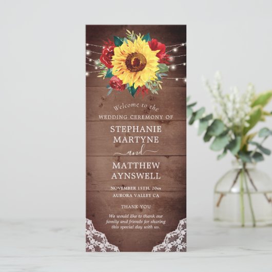 Rustikale Sonnenblume Spitzen Rote Rose Hochzeit i Programm (Stehend Vorderseite)