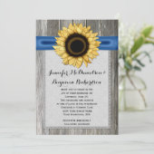 Rustikale Sonnenblume Stall Holz Blauer Band Einladung (Stehend Vorderseite)
