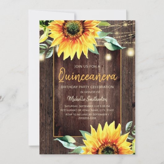 Rustikale Sonnenblume Streichlicht Quinceañera Geb Einladung (Vorderseite)