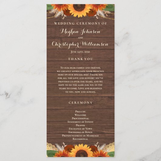 Rustikale Sonnenblume Terracotta Rose Boho Wedding Programm (Vorderseite)