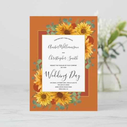 Rustikale Sonnenblume Terracotta Rose Hochzeit Einladung (Stehend Vorderseite)