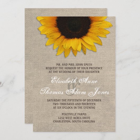 Rustikale Sonnenblume und Burlap Hochzeit Einladun Einladung (Vorne/Hinten)