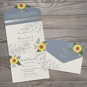 Rustikale Sonnenblume und duftende blaue Hochzeit All In One Einladung