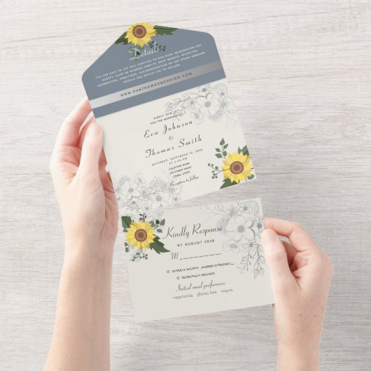 Rustikale Sonnenblume und duftende blaue Hochzeit All In One Einladung (Abreißen)